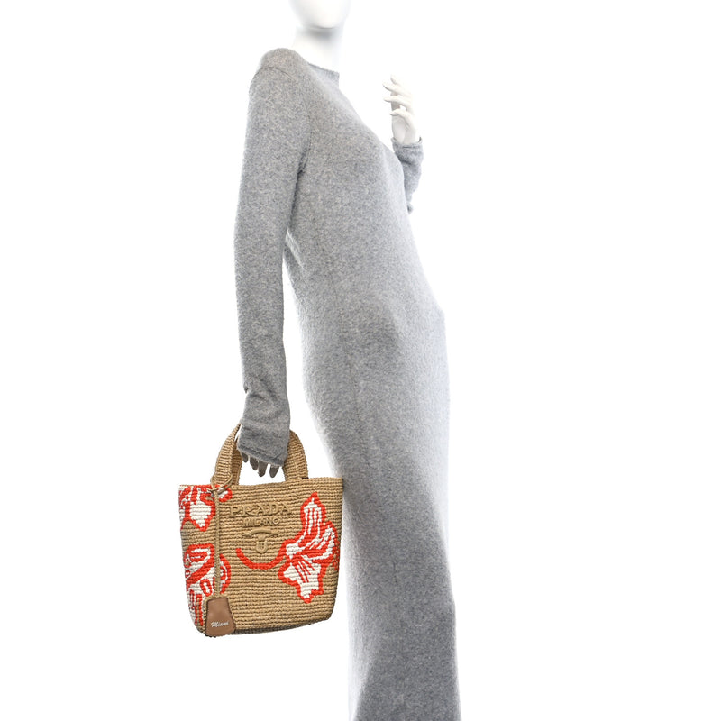  Prada Raffia Floral Small Logo Tote Naturale Arancio Naturale Arancio