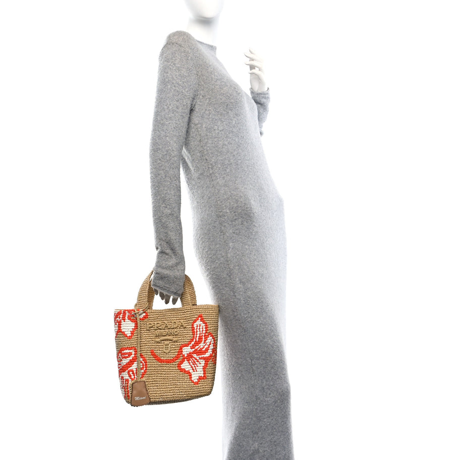 Prada Raffia Floral Small Logo Tote Naturale Arancio Naturale Arancio Image 2