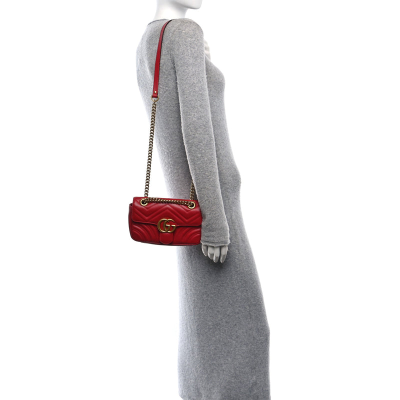  Gucci Calfskin Matelasse Mini GG Marmont Shoulder Bag Hibiscus Red