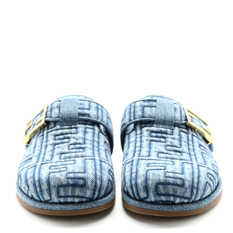 Fendi Denim Jacquard FF Womens Feel Buckled Mules 35 Blue Image 3