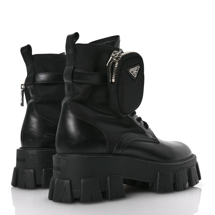 Prada Spazzolato Rois Nylon Metal Triangle Logo Monolith Pouch Pocket 55mm Boots 38.5 Black Image 5