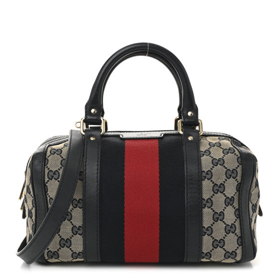  Gucci Monogram Selleria Calfskin Vintage Web Medium Boston Beige Blue