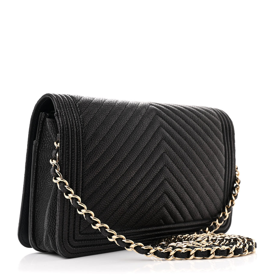 Chanel Caviar Chevron Quilted Boy Wallet On Chain WOC Black Image 3