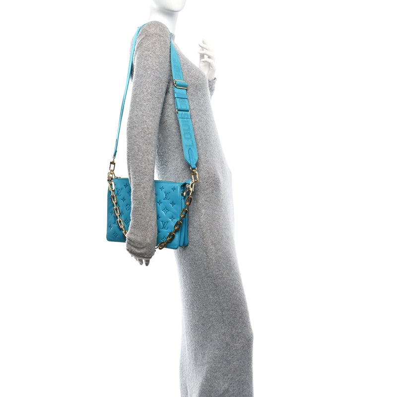  Louis Vuitton Lambskin Embossed Monogram Coussin PM Turquoise