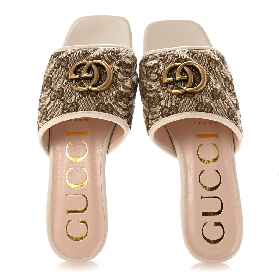 Gucci Monogram Matelasse Diagonal GG Marmont Flat Slide Sandals 35 Beige Ebony Mystic White Image 2