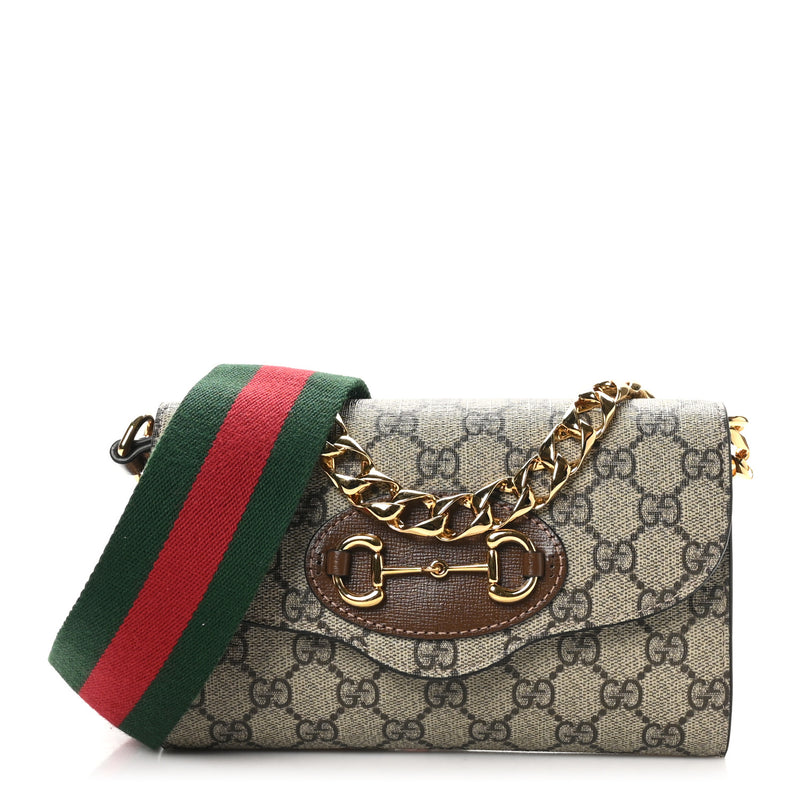  Gucci GG Supreme Monogram Azalea Calfskin Web Mini Horsebit 1955 Chain Shoulder Bag Beige Ebony Brown Sugar