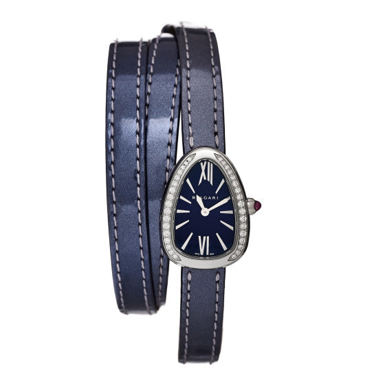  Bvlgari Stainless Steel Calfskin Diamond Bezel 27mm Serpenti Three Wrap Quartz Watch Blue