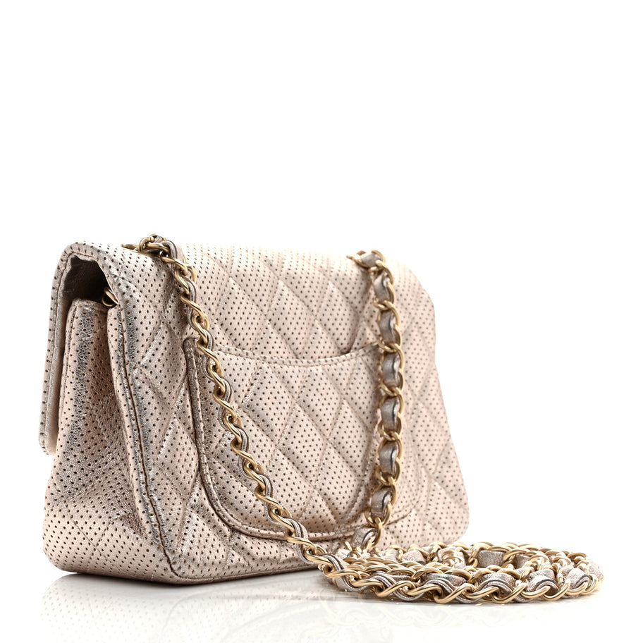 Chanel Metallic Lambskin Perforated Mini Rectangular Flap Light Gold Image 3