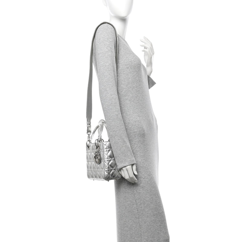  Christian Dior Metallic Grained Calfskin Cannage Small Lucky Badges My Lady Dior Silver