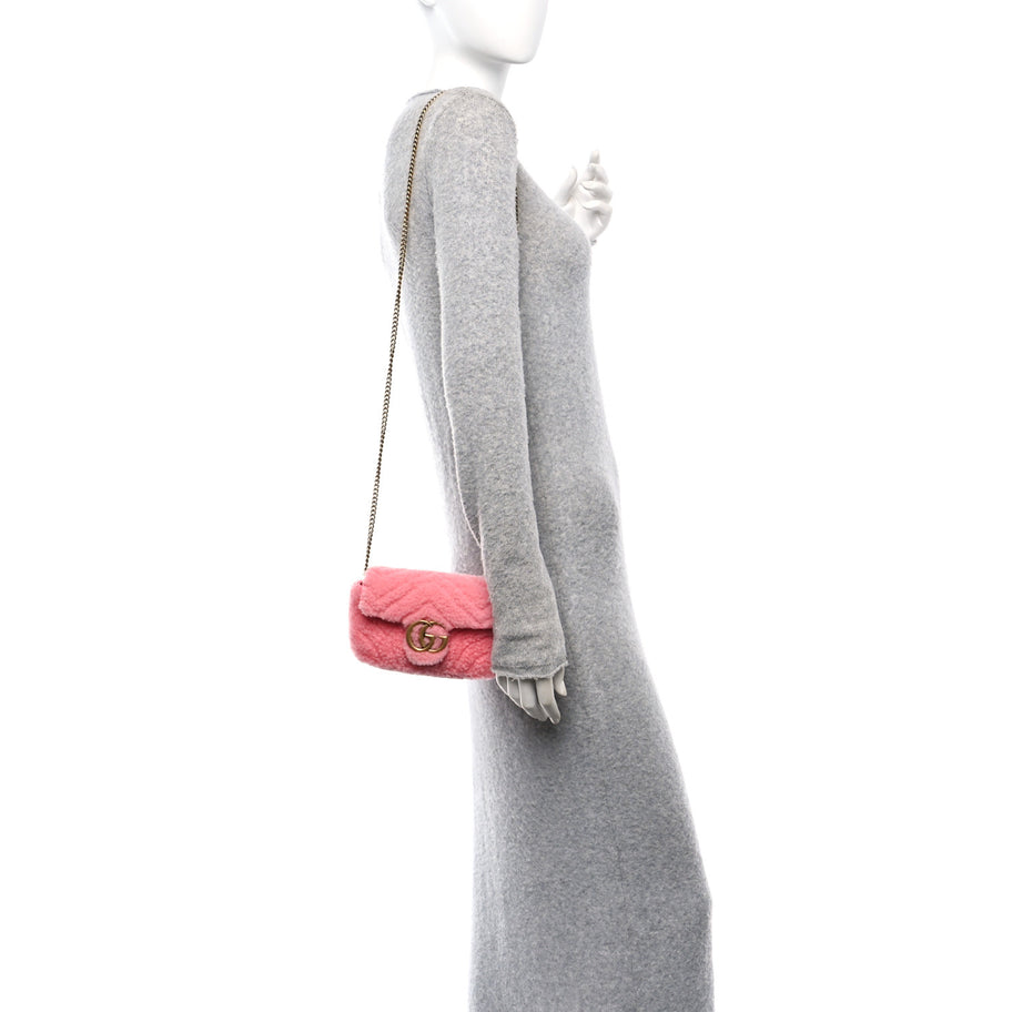 Gucci Shearling Matelasse Super Mini GG Marmont Shoulder Bag Lotus Pink Image 2
