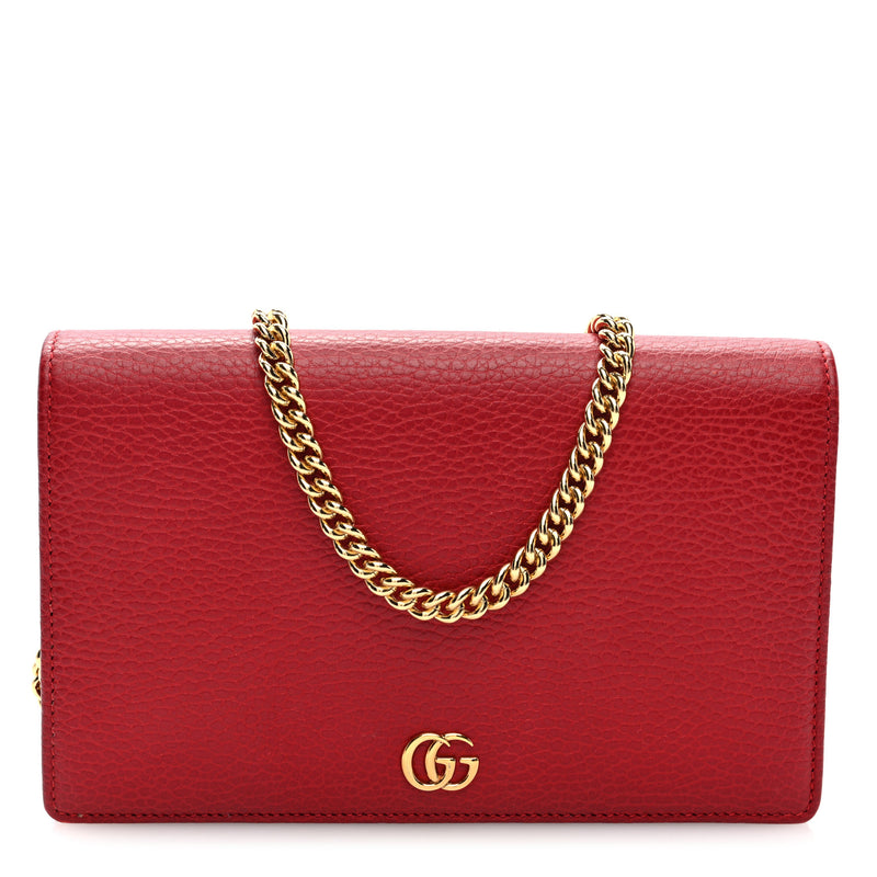  Gucci Dollar Calfskin Mini GG Marmont Chain Wallet Hibiscus Red