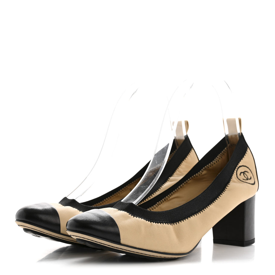 Chanel Lambskin CC Elastic Stretch Pumps 38 Beige Black Image 3