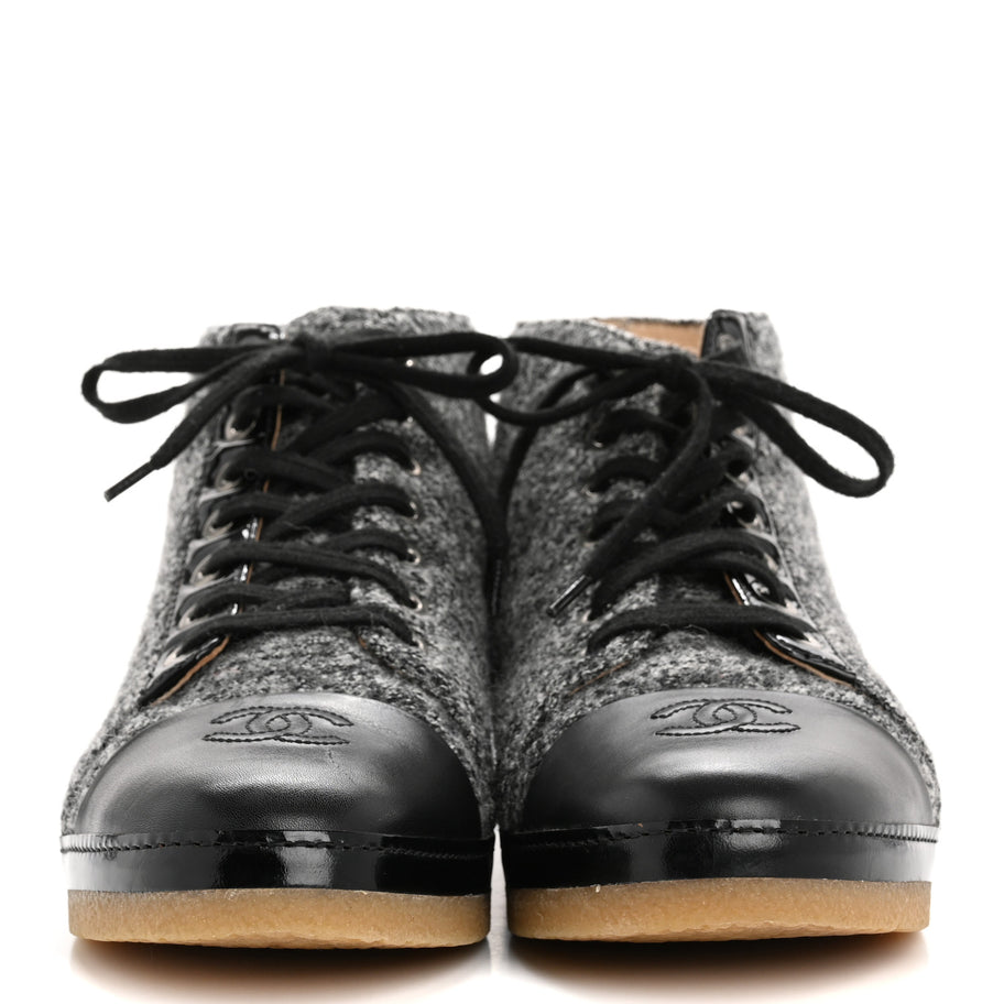 Chanel Wool Calfskin CC Lace Up Short Boots 37.5 Grey Black Image 3