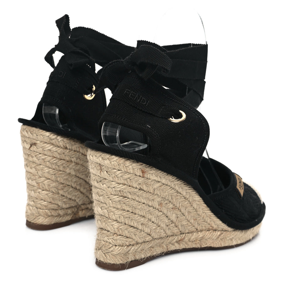 Fendi Canvas FF Embroidered Roma Ankle Wrap Wedge Espadrilles 36 Black Image 4