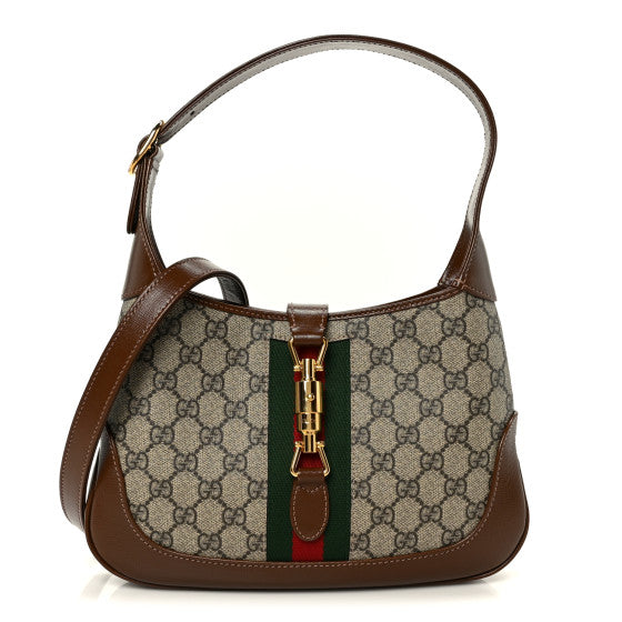 Gucci GG Supreme Monogram Azalea Calfskin Web Small Jackie 1961 Hobo Beige Ebony Brown Sugar