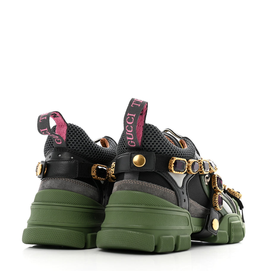 Gucci X SEGA Mesh Suede Calfskin Removable Crystals Flashtrek Sneakers 35.5 Loess Black Olive Green Image 5