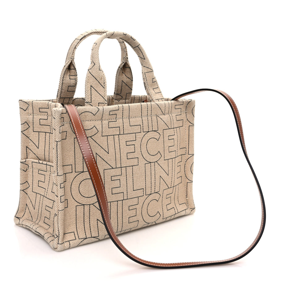 Celine Canvas Calfskin All Over Print Small Cabas Thais Natural Tan Image 3