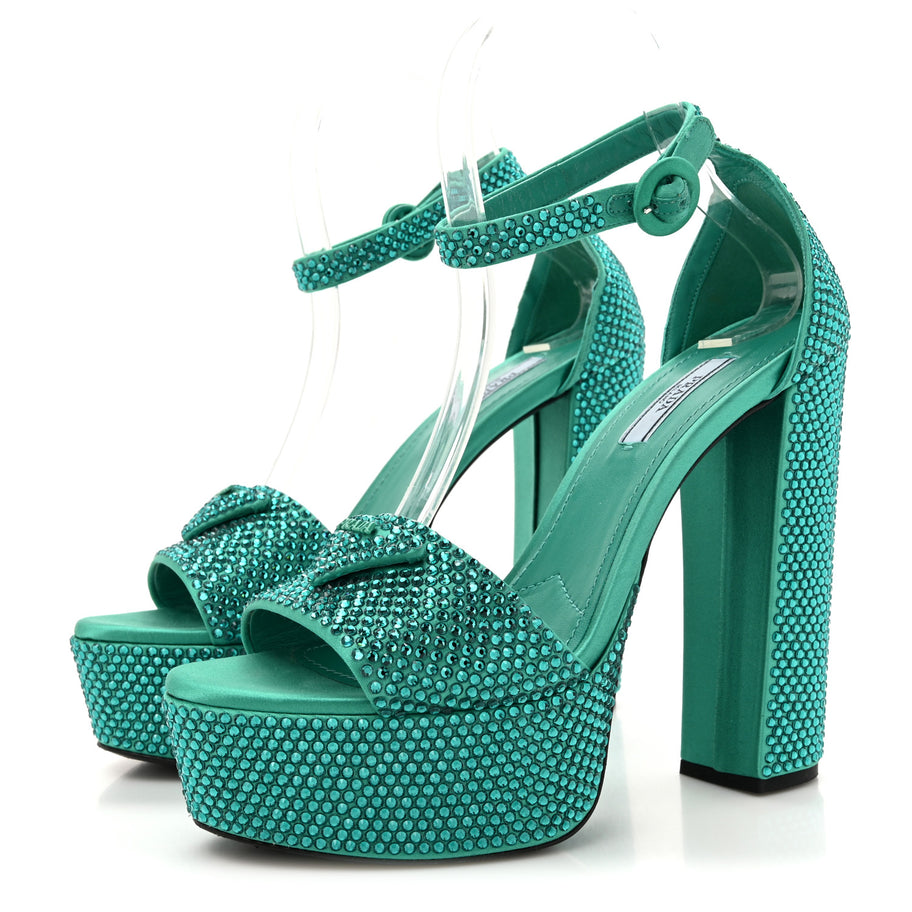 Prada Satin Crystal Triangle Logo 40/135mm Platform Sandals 38 Mango Image 4