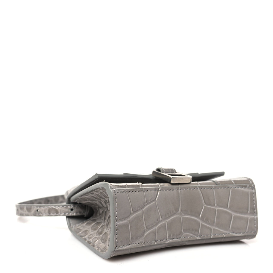 Balenciaga Shiny Calfskin Crocodile Embossed Hourglass Top Handle Bag Mini Steel Grey Image 4