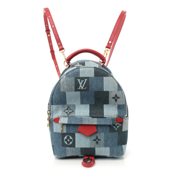  Louis Vuitton Denim Damier Monogram Patchwork Palm Springs Backpack Mini Blue Rouge