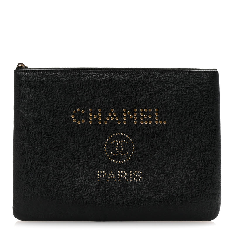  Chanel Caviar Studded Medium Deauville Pouch Black