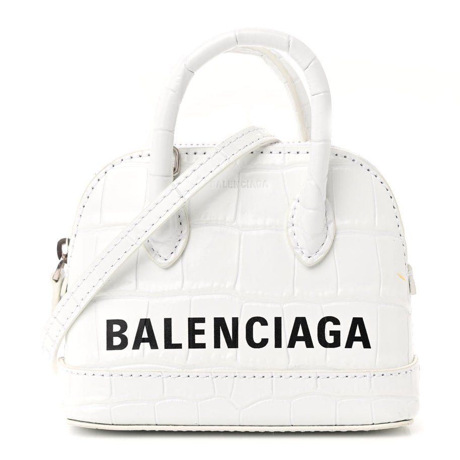 Balenciaga Calfskin Logo Crocodile Embossed Mini Ville Top Handle Bag White Black Image 1
