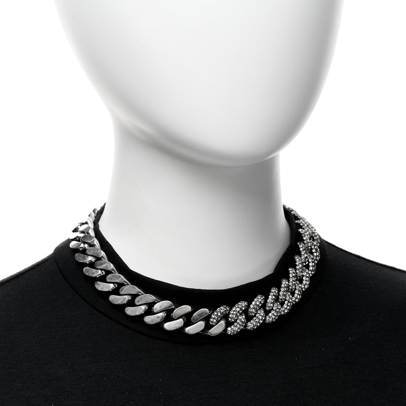  Saint Laurent Crystal Curb Chain Necklace Oxidized Silver