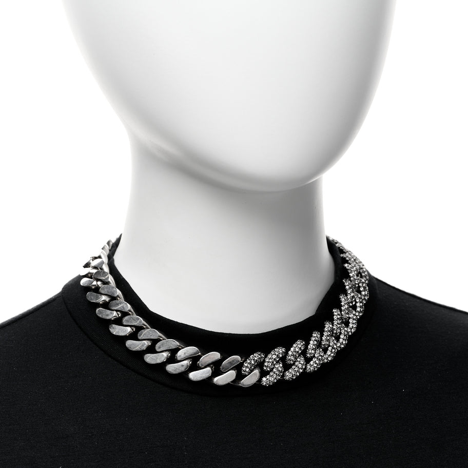 Saint Laurent Crystal Curb Chain Necklace Oxidized Silver Image 2