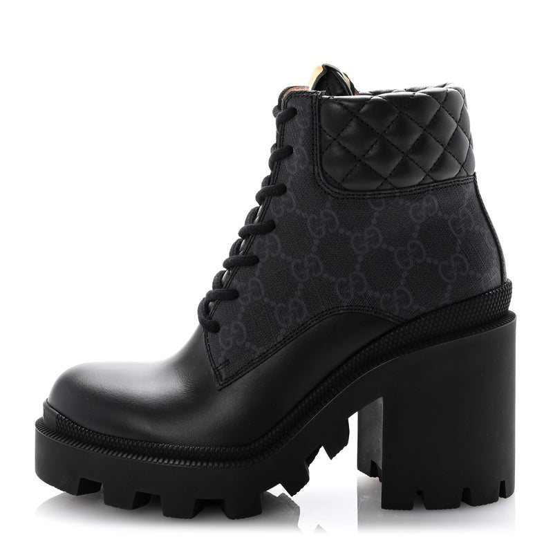  Gucci Apollo Calfskin GG Supreme Nappa Samoa Quilted Lace Up Ankle Boots 35 Black
