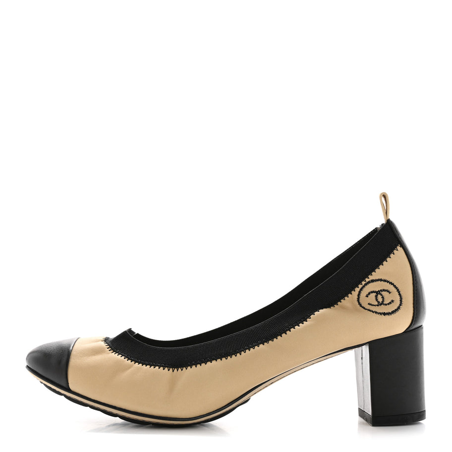 Chanel Lambskin CC Elastic Stretch Pumps 38 Beige Black Image 1