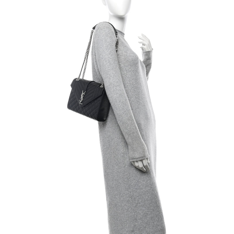  Saint Laurent Grain De Poudre Textured Mixed Matelasse Triquilt Medium Monogram Satchel Black