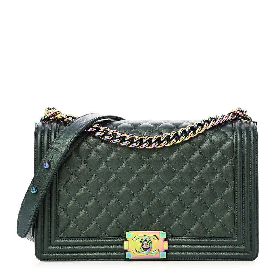 Chanel Iridescent Goatskin Quilted New Medium Boy Flap Green Image 1