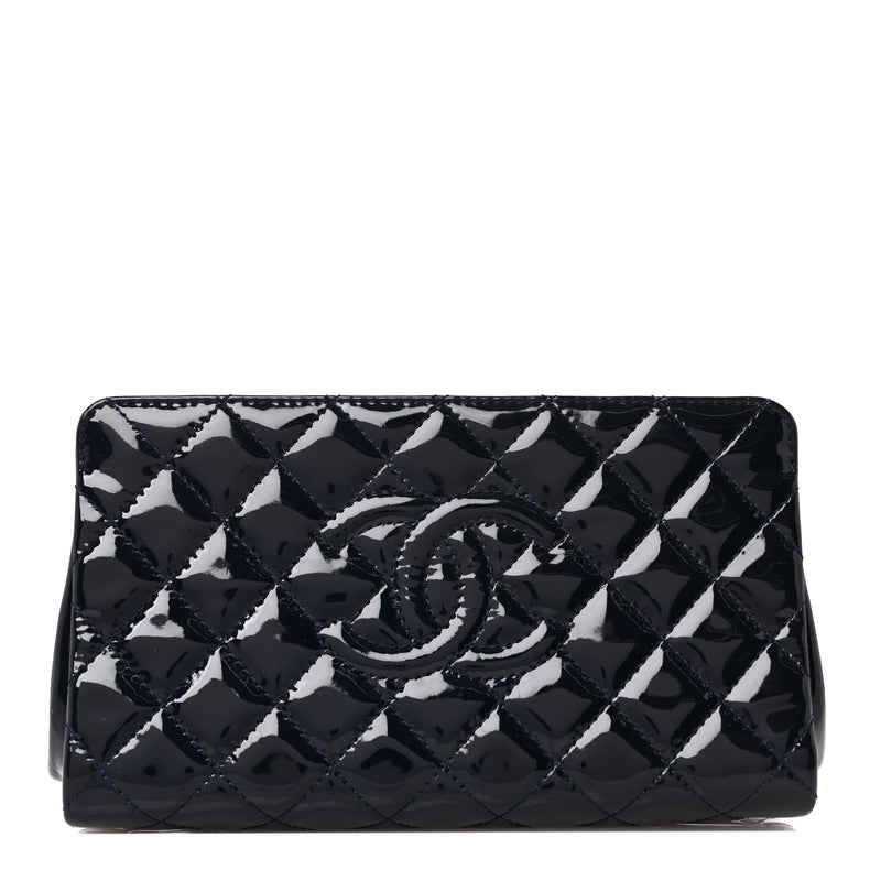  Chanel Patent CC Quilted Timeless Clutch Navy