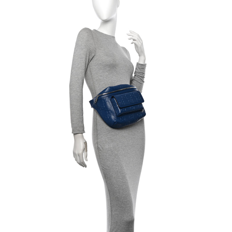  Gucci Calfskin GG Tennis Embossed Pocket Belt Bag Metal Blue