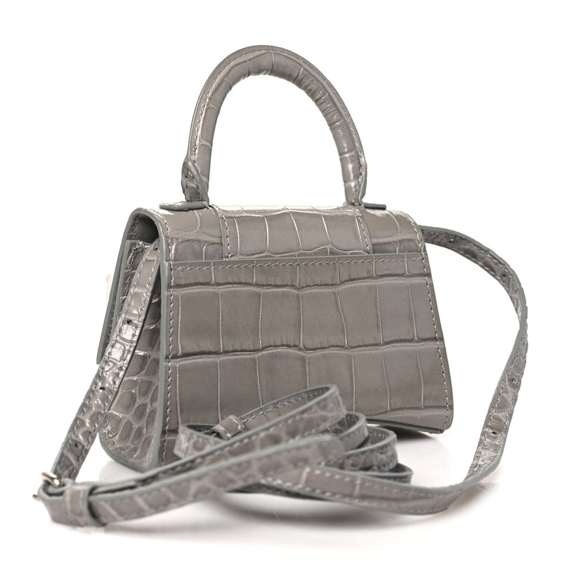  Balenciaga Shiny Calfskin Crocodile Embossed Hourglass Top Handle Bag Mini Steel Grey