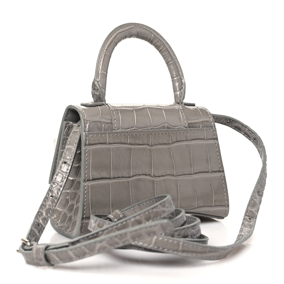 Balenciaga Shiny Calfskin Crocodile Embossed Hourglass Top Handle Bag Mini Steel Grey Image 2