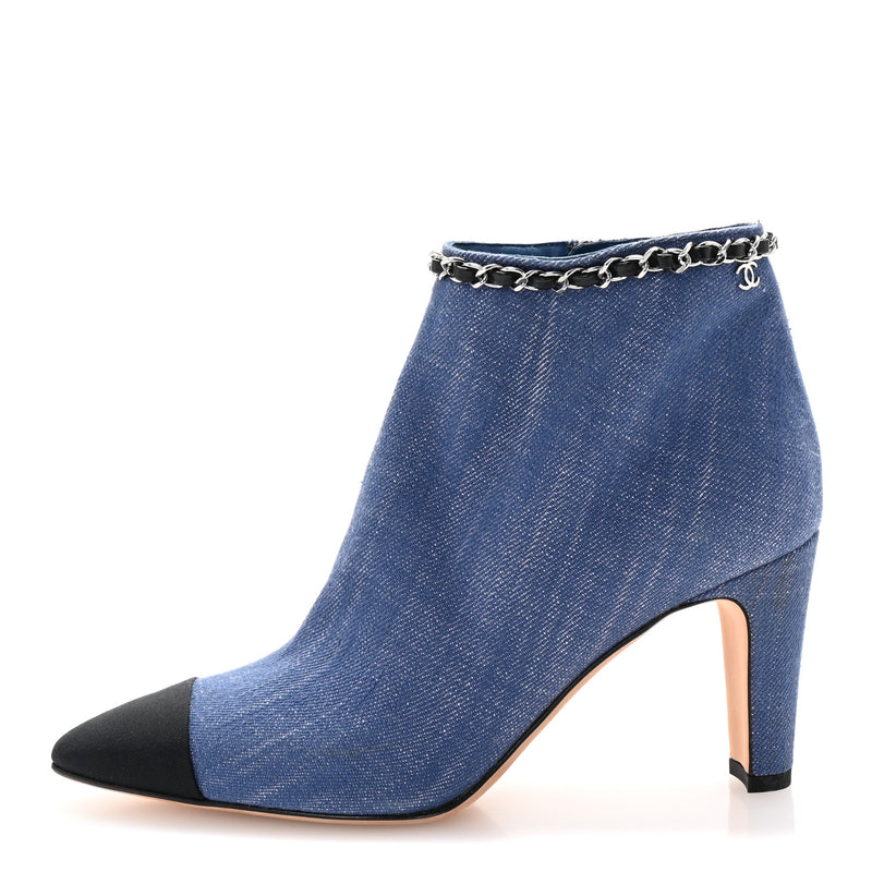  Chanel Denim Grosgrain Cap Toe Short Boots 37 Blue