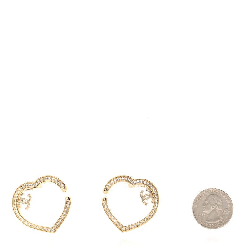  Chanel Metal Crystal CC Open Heart Earrings Gold