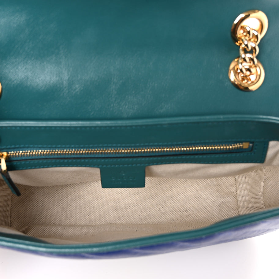 Gucci Azalea Calfskin Enamel Matelasse Diagonal Small Torchon GG Marmont Shoulder Bag Imperial Blue Pavone Image 5