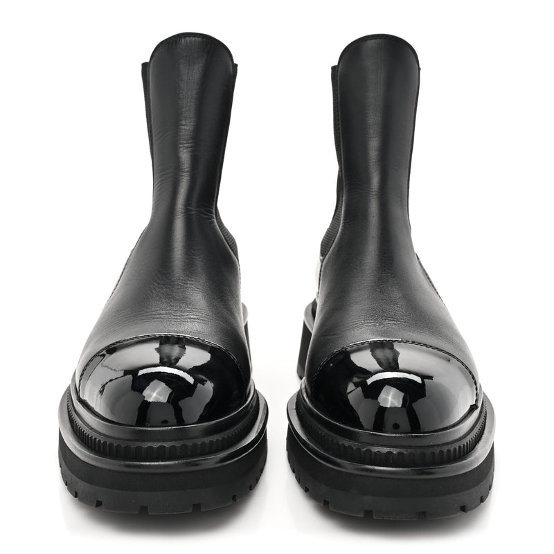  Chanel Calfskin Patent Cap Toe Ankle Boots 37.5 Black