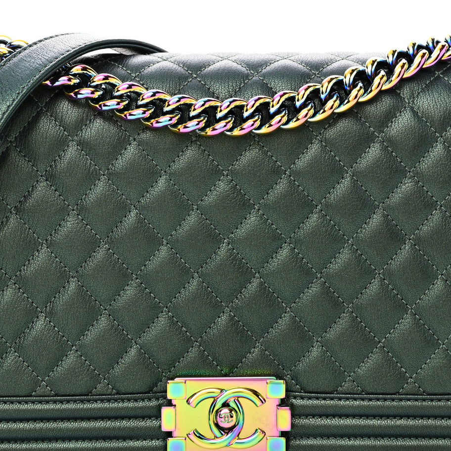 Chanel Iridescent Goatskin Quilted New Medium Boy Flap Green Image 7