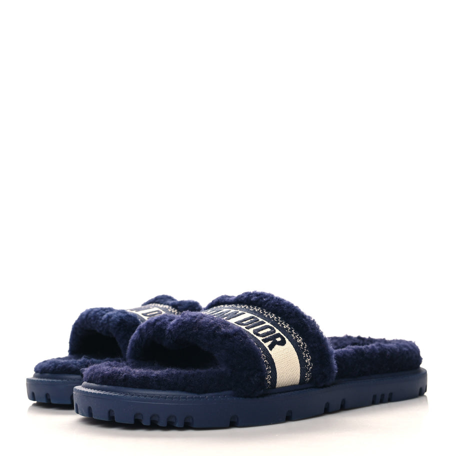 Christian Dior Shearling Canvas Lurex Embroidered Dway 10mm Slide Sandals 41 Navy Natural Image 4