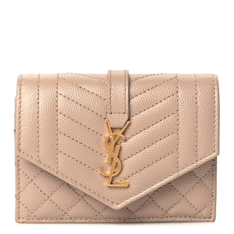  Saint Laurent Grain De Poudre Mixed Matelasse Triquilt Monogram Compact Tri Fold Wallet Dark Beige