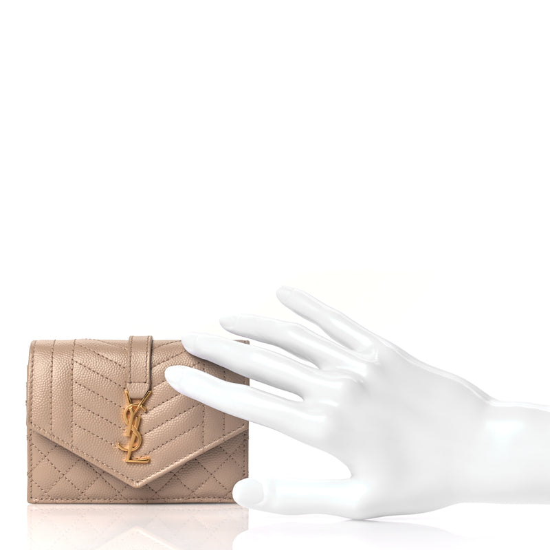  Saint Laurent Grain De Poudre Mixed Matelasse Triquilt Monogram Compact Tri Fold Wallet Dark Beige