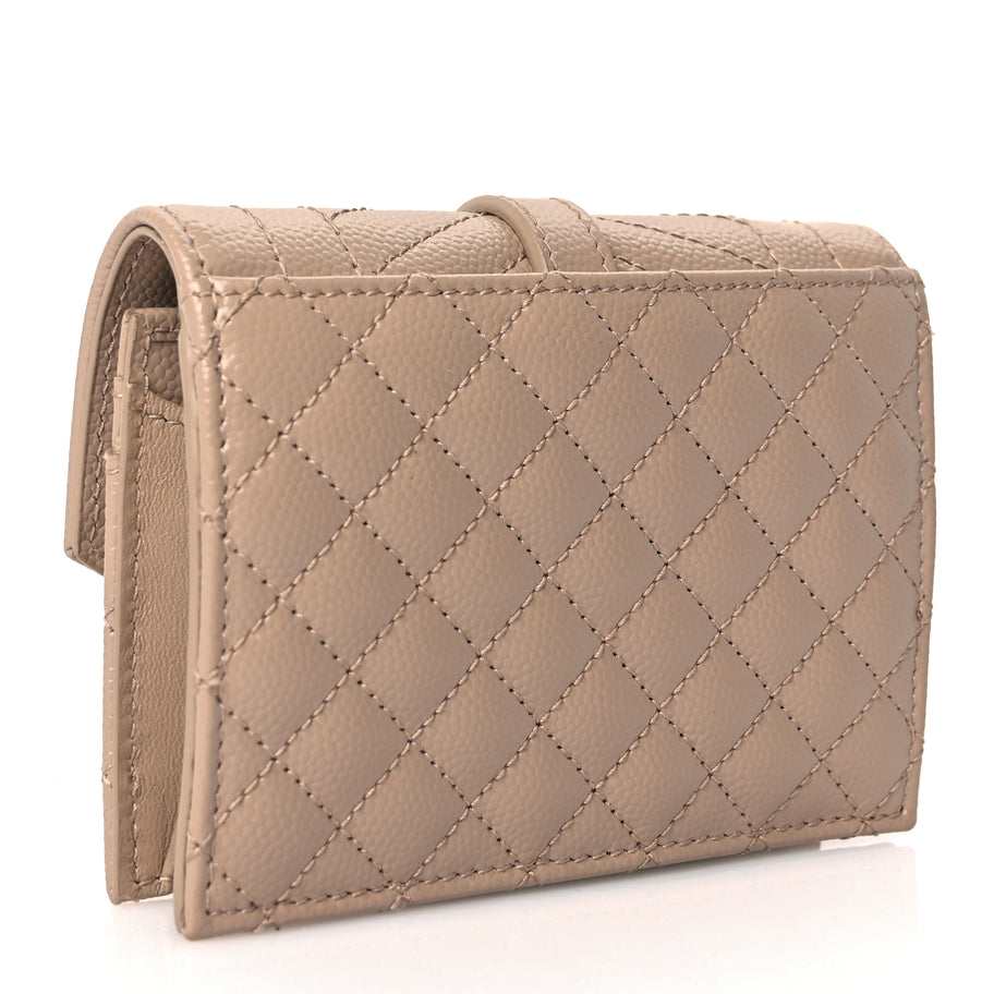 Saint Laurent Grain De Poudre Mixed Matelasse Triquilt Monogram Compact Tri Fold Wallet Dark Beige Image 3