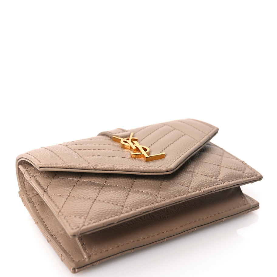 Saint Laurent Grain De Poudre Mixed Matelasse Triquilt Monogram Compact Tri Fold Wallet Dark Beige Image 4
