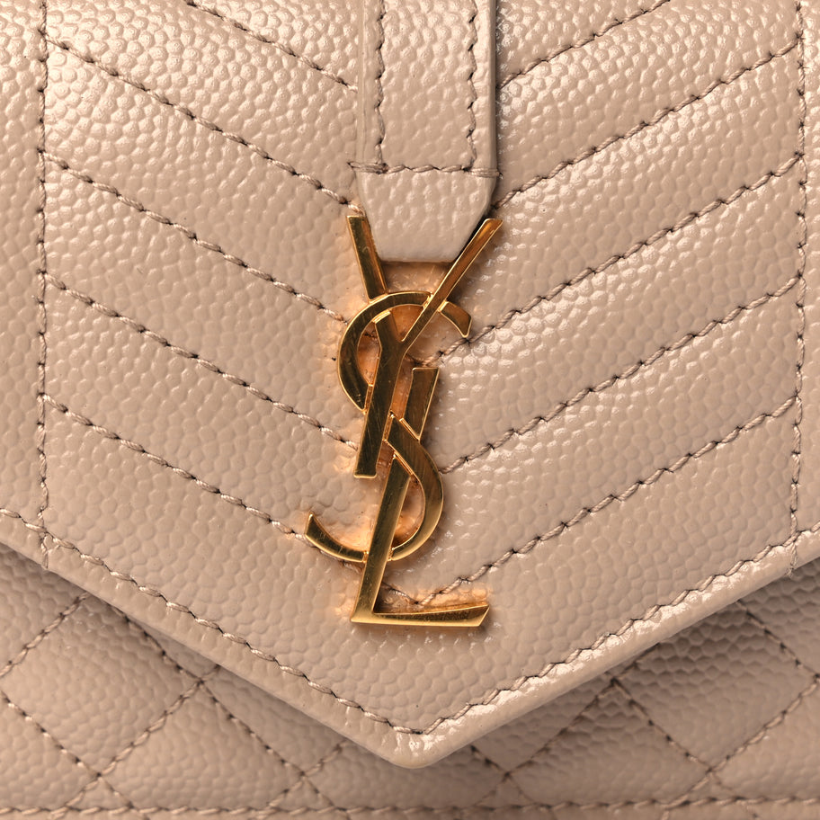 Saint Laurent Grain De Poudre Mixed Matelasse Triquilt Monogram Compact Tri Fold Wallet Dark Beige Image 6