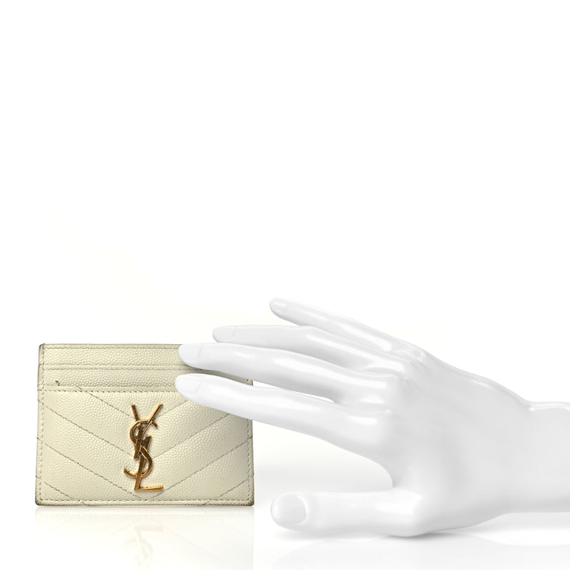 Saint Laurent Grain De Poudre Matelasse Chevron Monogram Credit Card Case Crema Soft