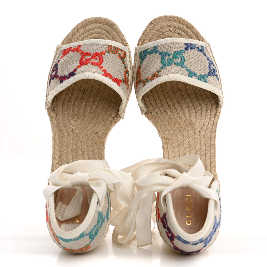 Gucci Linen Psychedelic Mini GG Monogram Ankle Wrap Platform Espadrille Wedge Sandals 39 Multicolor Mystic White Image 2