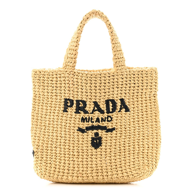  Prada Yarn Raffia Effect Crochet Embroidered Small Logo Tote Naturale